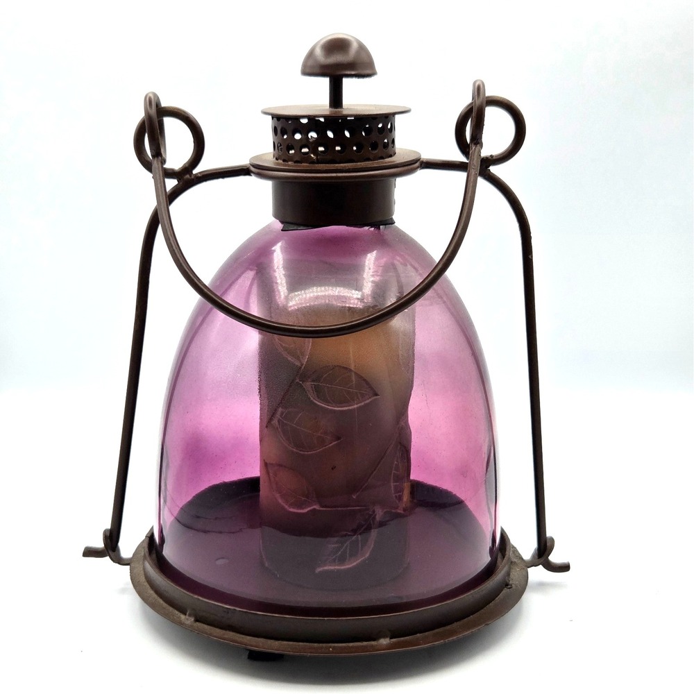 Salvage Purple Rustic Hanging Candle Lantern Glass Barn Farmhouse Made in India